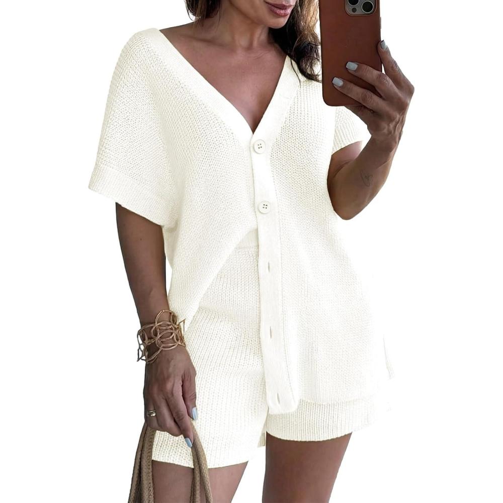 image:imageSaodimallsu Womens 2 Piece Outfits Sweater Sets Summer Oversized Cap Sleeve Button Up Cardigans Top Shorts Lounge SetWhite