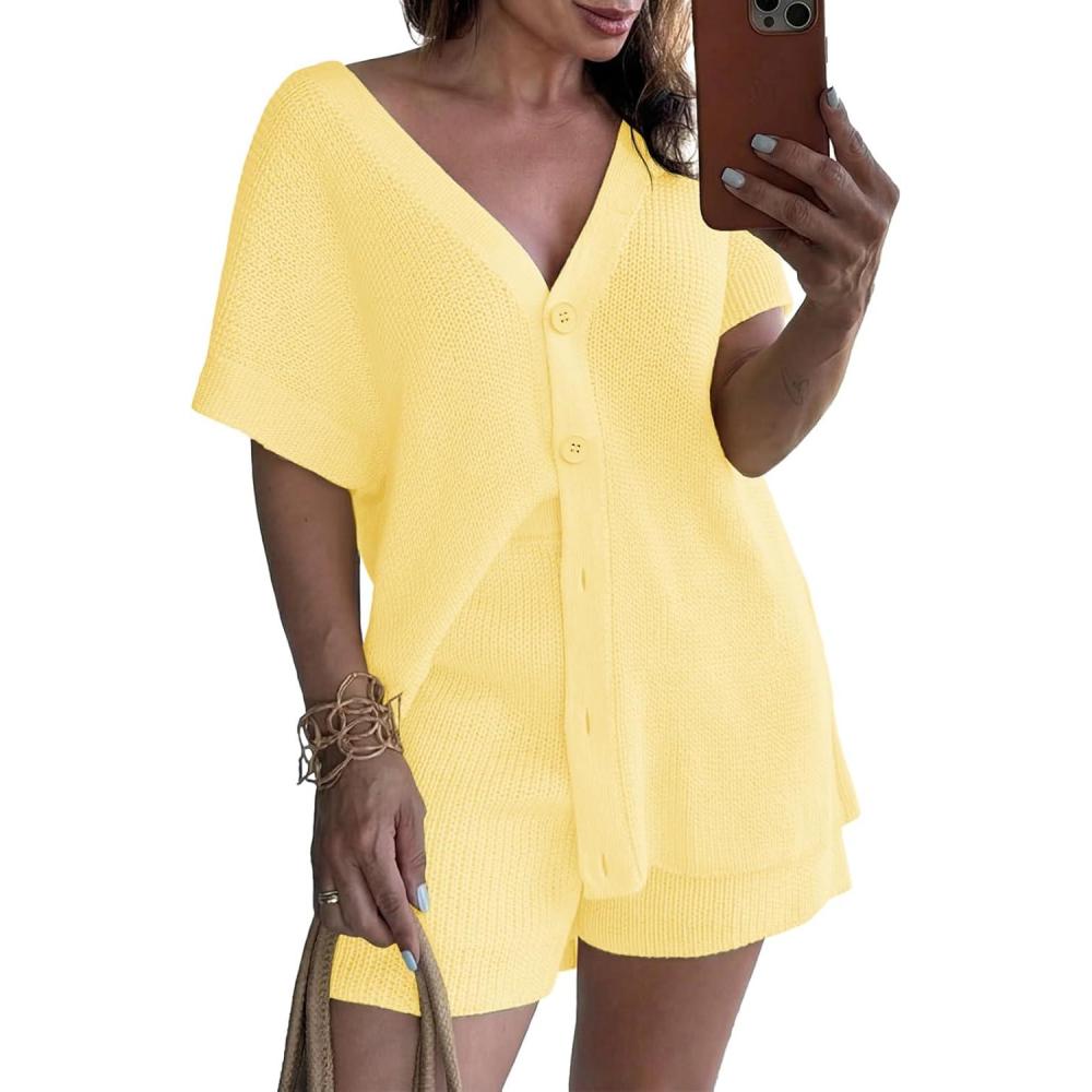 image:imageSaodimallsu Womens 2 Piece Outfits Sweater Sets Summer Oversized Cap Sleeve Button Up Cardigans Top Shorts Lounge SetYellow
