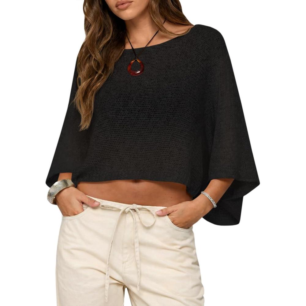 image:imageSaodimallsu Womens Batwing Short Sleeve Sweater Crop Tops Lightweight Oversized Boat Neck Crochet Knit Cover UpsBlack