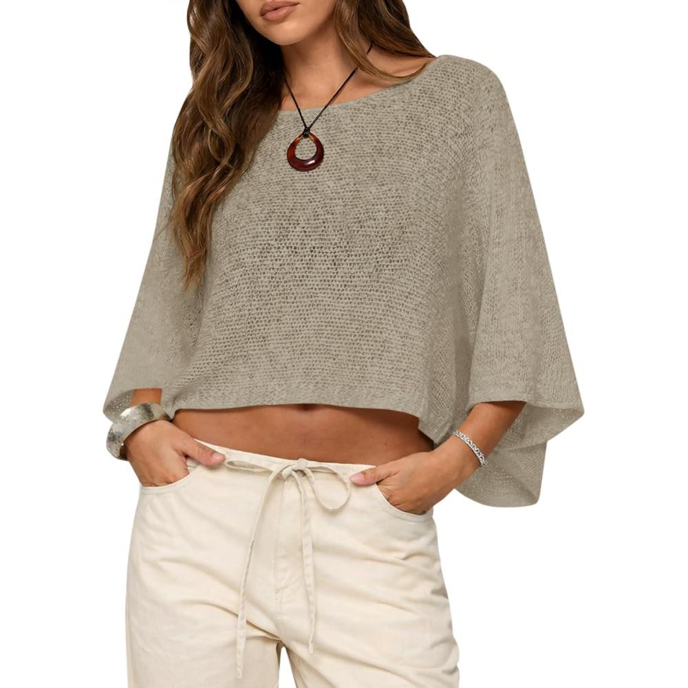 image:imageSaodimallsu Womens Batwing Short Sleeve Sweater Crop Tops Lightweight Oversized Boat Neck Crochet Knit Cover UpsKhaki