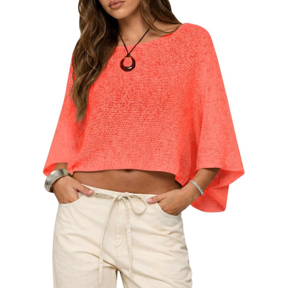 image:imageSaodimallsu Womens Batwing Short Sleeve Sweater Crop Tops Lightweight Oversized Boat Neck Crochet Knit Cover UpsOrange
