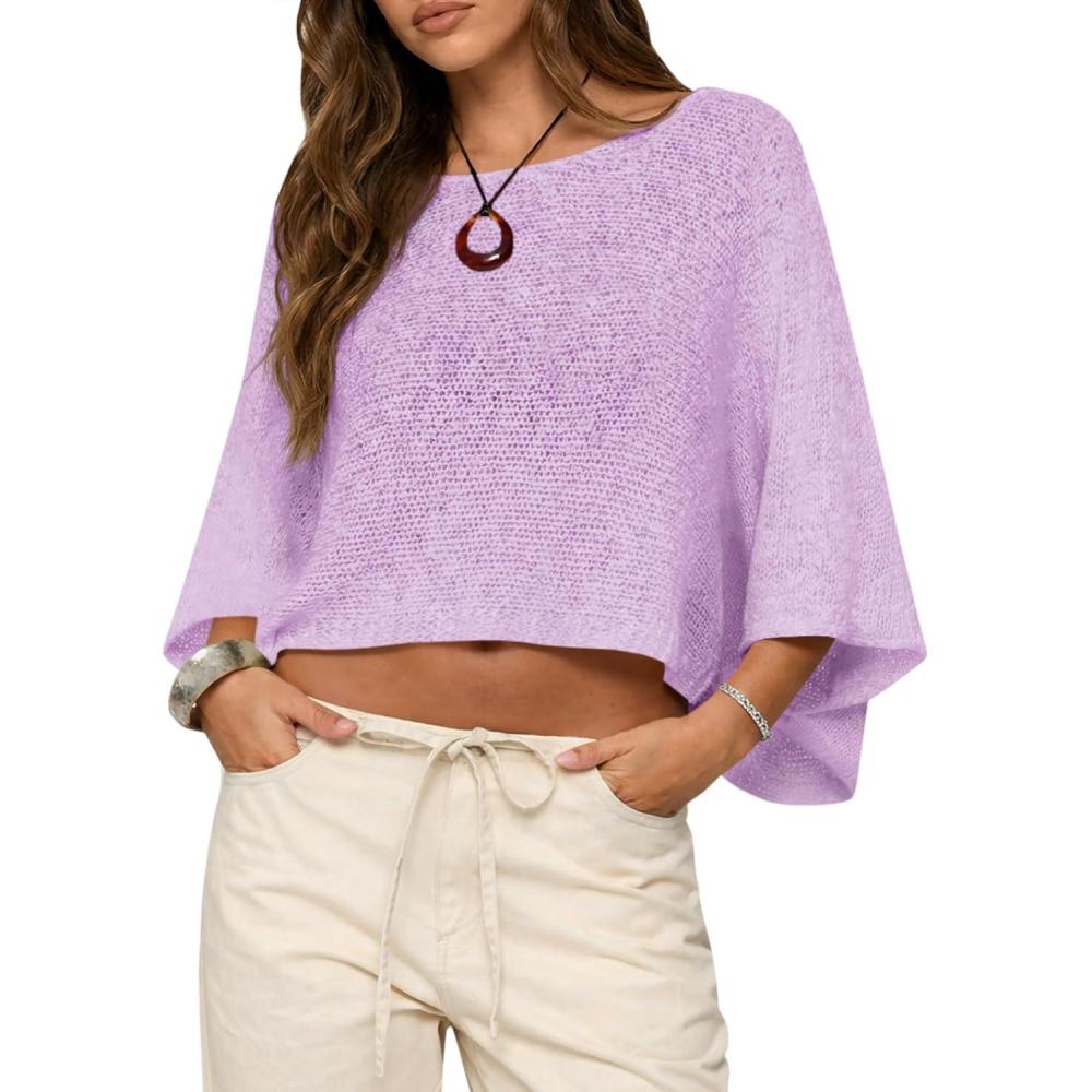 image:imageSaodimallsu Womens Batwing Short Sleeve Sweater Crop Tops Lightweight Oversized Boat Neck Crochet Knit Cover UpsPurple