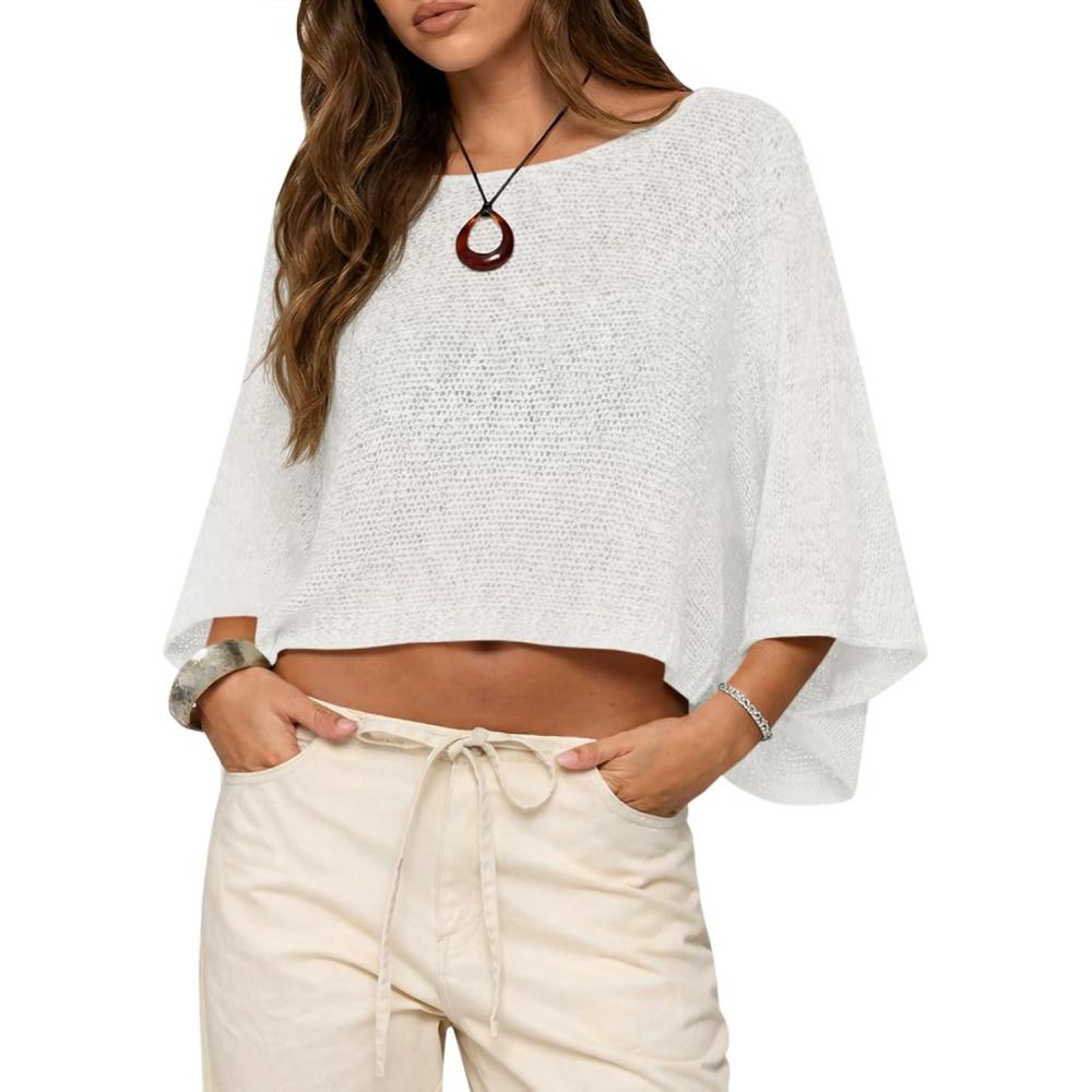 image:imageSaodimallsu Womens Batwing Short Sleeve Sweater Crop Tops Lightweight Oversized Boat Neck Crochet Knit Cover UpsWhite