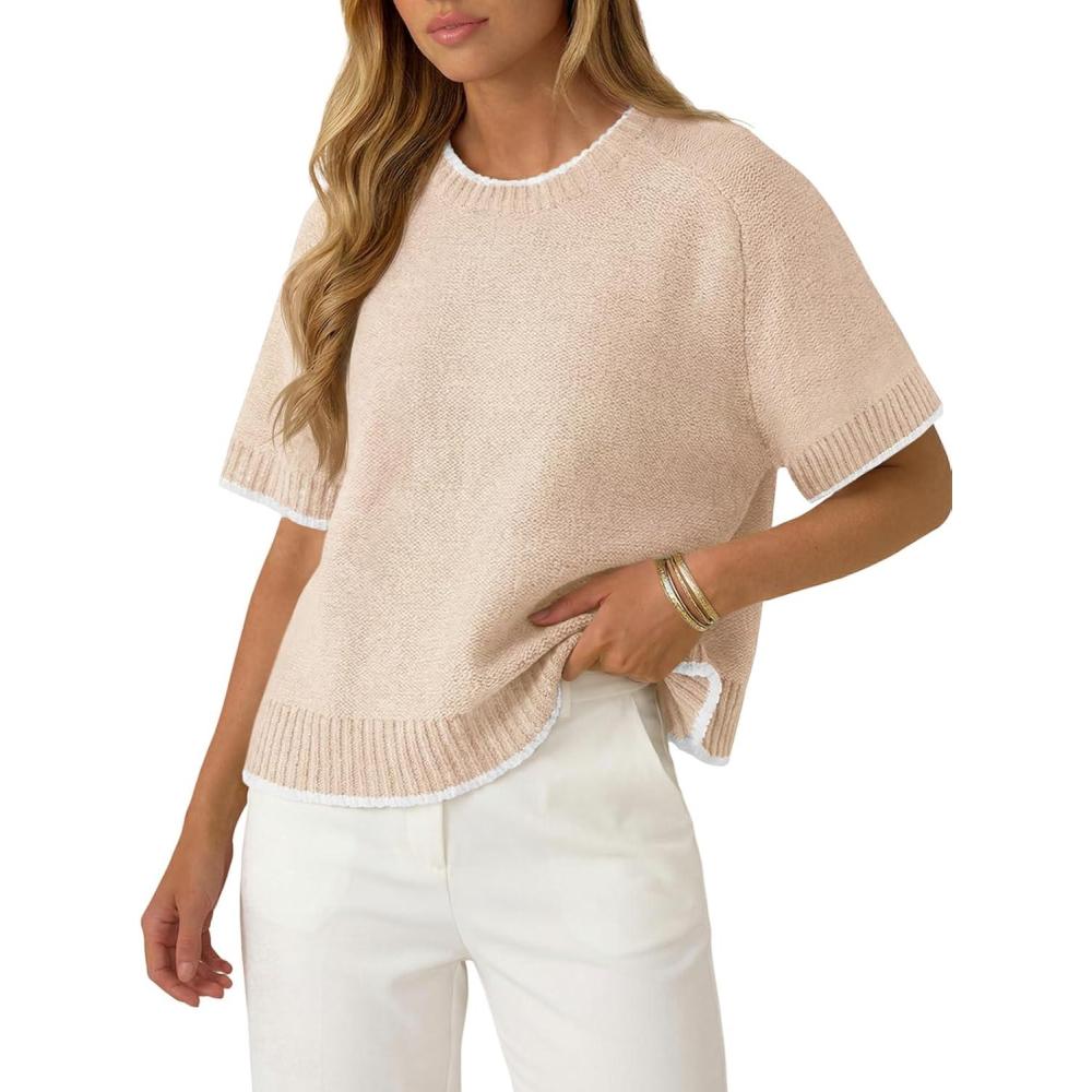 image:imageSaodimallsu Womens Short Sleeve Sweaters Casual Crew Neck Lightweight Color Block Loose Fit Summer Trendy Knit TopsApricot