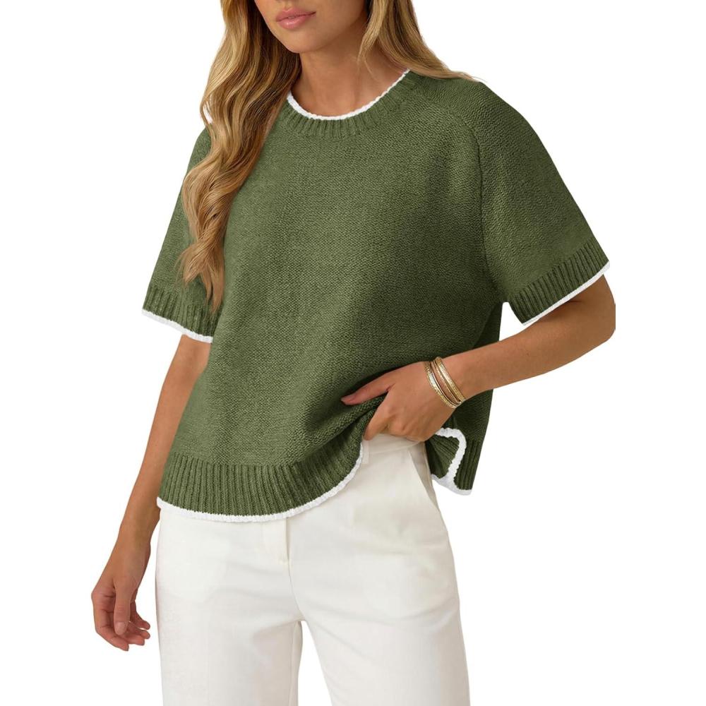 image:imageSaodimallsu Womens Short Sleeve Sweaters Casual Crew Neck Lightweight Color Block Loose Fit Summer Trendy Knit TopsArmy Green