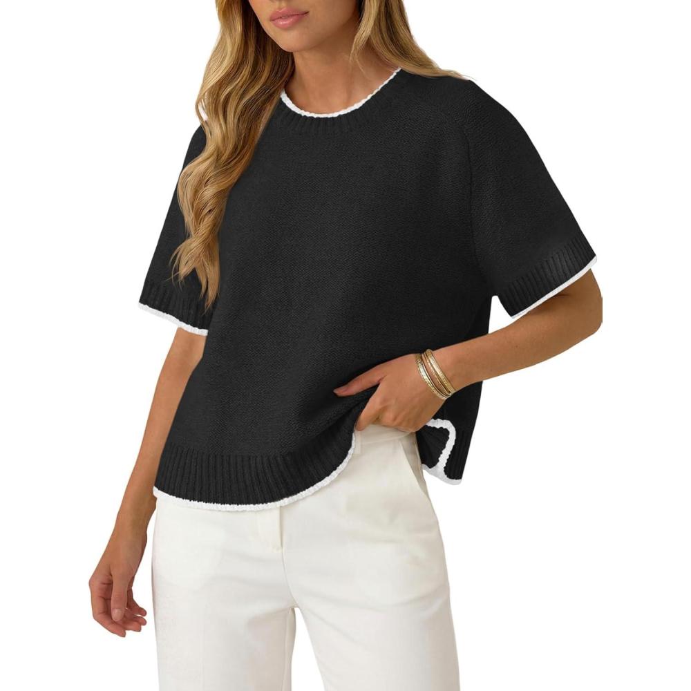 image:imageSaodimallsu Womens Short Sleeve Sweaters Casual Crew Neck Lightweight Color Block Loose Fit Summer Trendy Knit TopsBlack