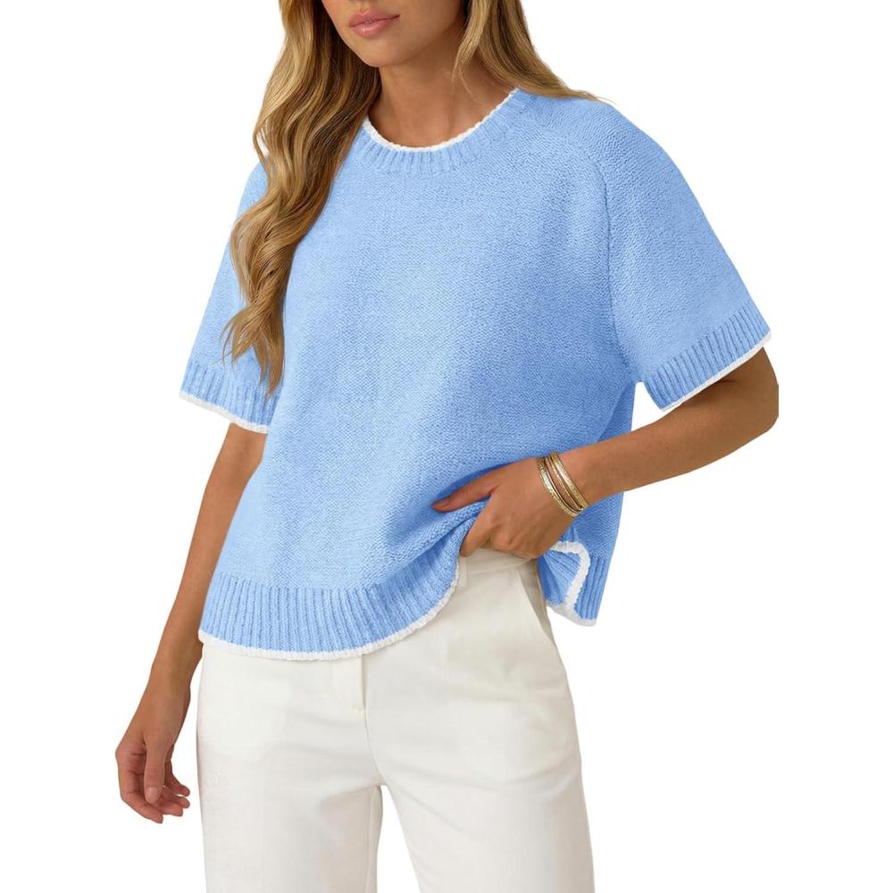 image:imageSaodimallsu Womens Short Sleeve Sweaters Casual Crew Neck Lightweight Color Block Loose Fit Summer Trendy Knit TopsBlue
