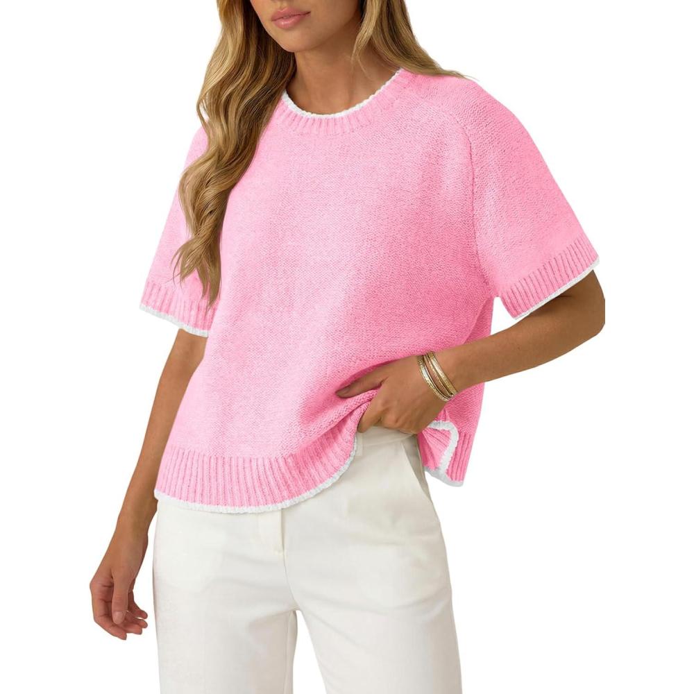 image:imageSaodimallsu Womens Short Sleeve Sweaters Casual Crew Neck Lightweight Color Block Loose Fit Summer Trendy Knit TopsPink
