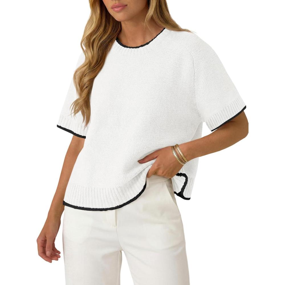 image:imageSaodimallsu Womens Short Sleeve Sweaters Casual Crew Neck Lightweight Color Block Loose Fit Summer Trendy Knit TopsWhite