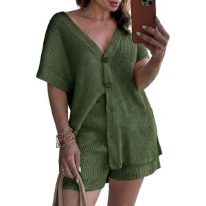 Saodimallsu Womens 2 Piece Outfits Sweater Sets Summer Oversized Cap Sleeve Button Up Cardigans Top Shorts Lounge Set(Army Green)
