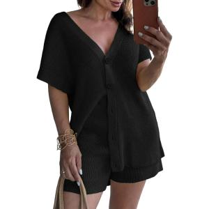 Saodimallsu Womens 2 Piece Outfits Sweater Sets Summer Oversized Cap Sleeve Button Up Cardigans Top Shorts Lounge Set(Black)