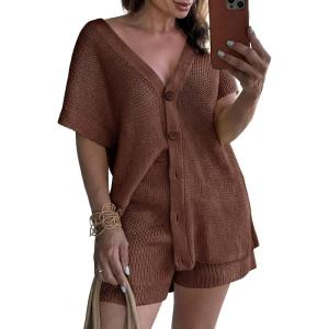 Saodimallsu Womens 2 Piece Outfits Sweater Sets Summer Oversized Cap Sleeve Button Up Cardigans Top Shorts Lounge Set(Coffee)