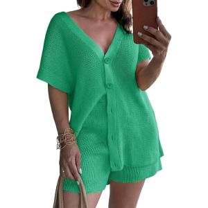Saodimallsu Womens 2 Piece Outfits Sweater Sets Summer Oversized Cap Sleeve Button Up Cardigans Top Shorts Lounge Set(Green)