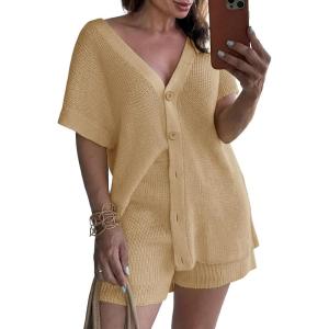 Saodimallsu Womens 2 Piece Outfits Sweater Sets Summer Oversized Cap Sleeve Button Up Cardigans Top Shorts Lounge Set(Khaki)