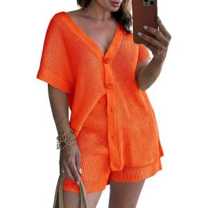 Saodimallsu Womens 2 Piece Outfits Sweater Sets Summer Oversized Cap Sleeve Button Up Cardigans Top Shorts Lounge Set(Orange)