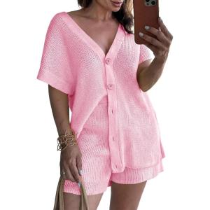 Saodimallsu Womens 2 Piece Outfits Sweater Sets Summer Oversized Cap Sleeve Button Up Cardigans Top Shorts Lounge Set(Pink)