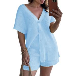 Saodimallsu Womens 2 Piece Outfits Sweater Sets Summer Oversized Cap Sleeve Button Up Cardigans Top Shorts Lounge Set(Sky Blue)