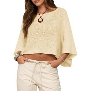 Saodimallsu Womens Batwing Short Sleeve Sweater Crop Tops Lightweight Oversized Boat Neck Crochet Knit Cover Ups(Apricot)