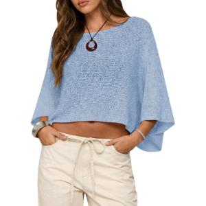 Saodimallsu Womens Batwing Short Sleeve Sweater Crop Tops Lightweight Oversized Boat Neck Crochet Knit Cover Ups(Light Blue)