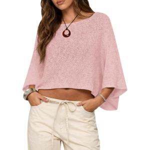 Saodimallsu Womens Batwing Short Sleeve Sweater Crop Tops Lightweight Oversized Boat Neck Crochet Knit Cover Ups(Pink)
