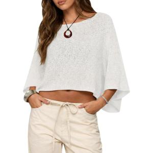 Saodimallsu Womens Batwing Short Sleeve Sweater Crop Tops Lightweight Oversized Boat Neck Crochet Knit Cover Ups(White)