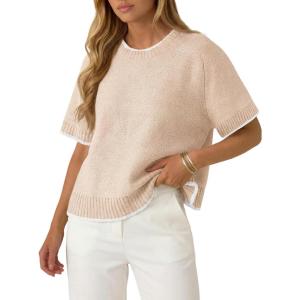 Saodimallsu Womens Short Sleeve Sweaters Casual Crew Neck Lightweight Color Block Loose Fit Summer Trendy Knit Tops(Apricot)