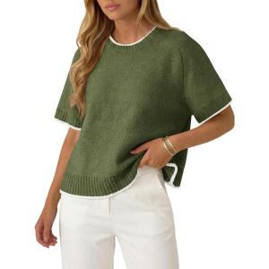 Saodimallsu Womens Short Sleeve Sweaters Casual Crew Neck Lightweight Color Block Loose Fit Summer Trendy Knit Tops(Army Green)