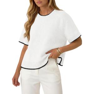 Saodimallsu Womens Short Sleeve Sweaters Casual Crew Neck Lightweight Color Block Loose Fit Summer Trendy Knit Tops(White)