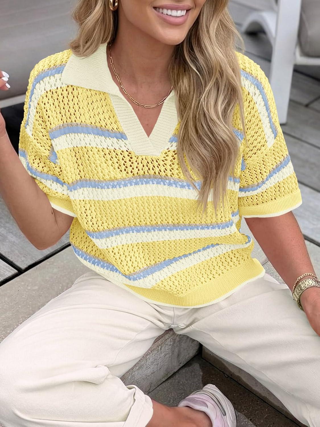 image:imageSaodimallsu Womens Crochet Tops Summer Short Sleeve Striped Pullover Sweater Collared Knit Shirts Cover Up TopApricot