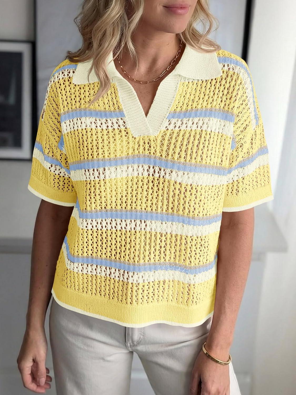 image:imageSaodimallsu Womens Crochet Tops Summer Short Sleeve Striped Pullover Sweater Collared Knit Shirts Cover Up TopApricot