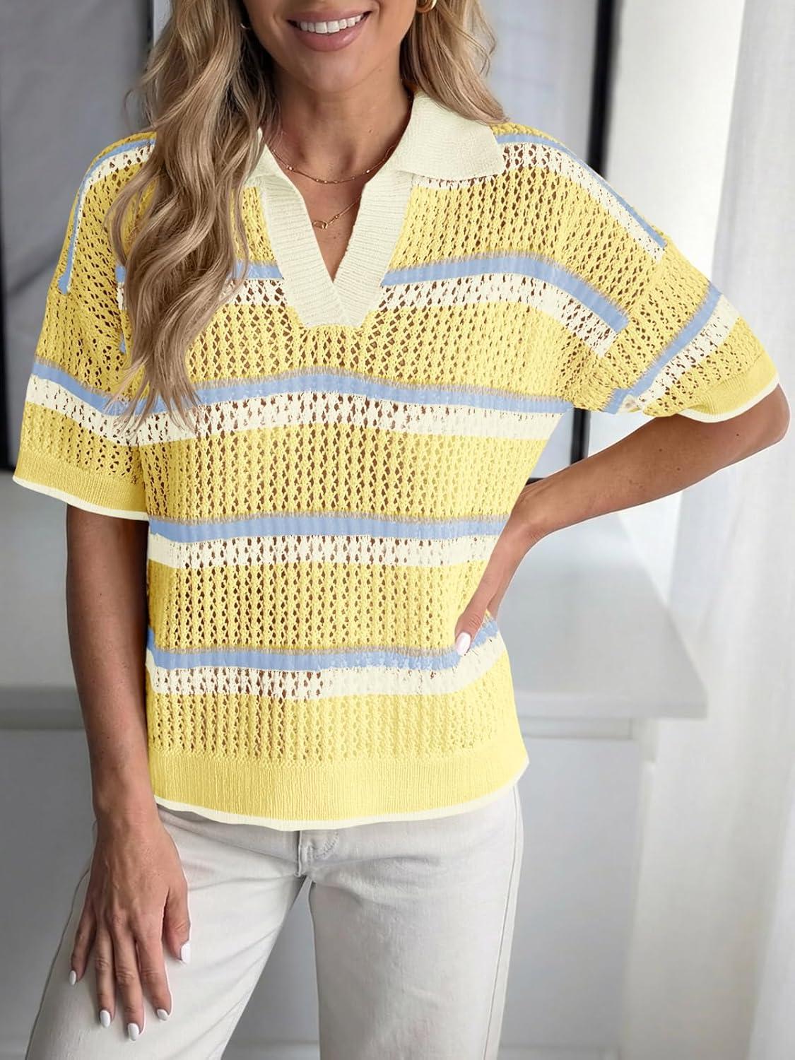 image:imageSaodimallsu Womens Crochet Tops Summer Short Sleeve Striped Pullover Sweater Collared Knit Shirts Cover Up TopApricot
