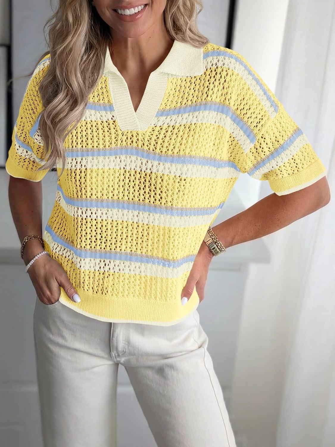 image:imageSaodimallsu Womens Crochet Tops Summer Short Sleeve Striped Pullover Sweater Collared Knit Shirts Cover Up TopApricot