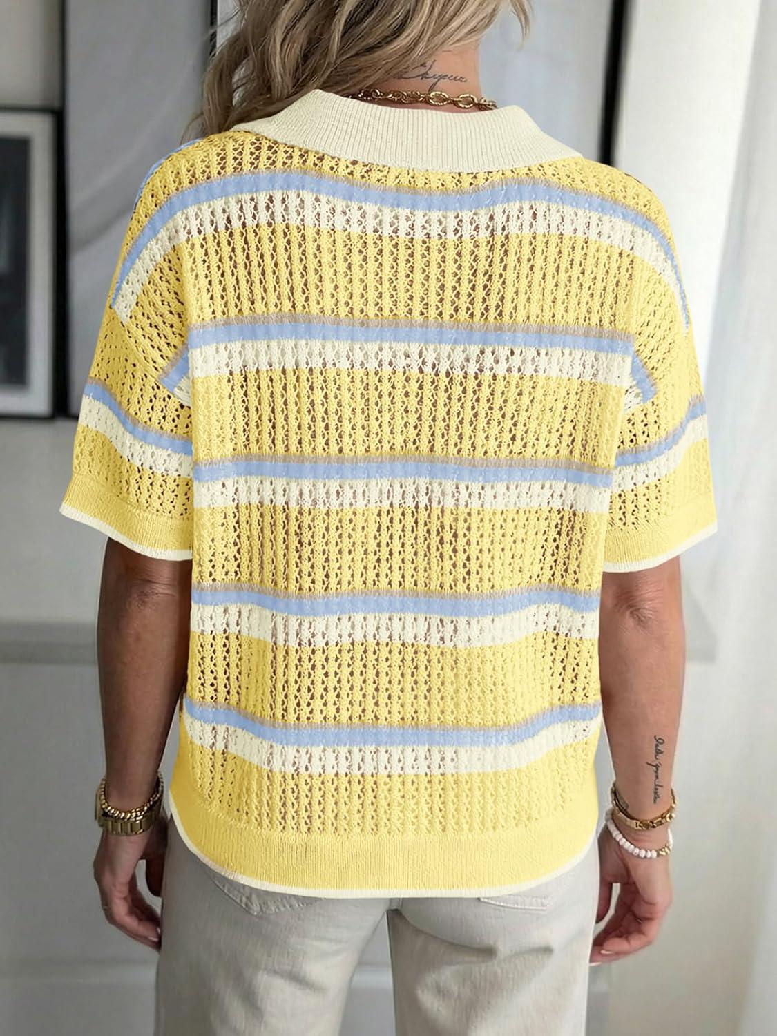 image:imageSaodimallsu Womens Crochet Tops Summer Short Sleeve Striped Pullover Sweater Collared Knit Shirts Cover Up TopApricot
