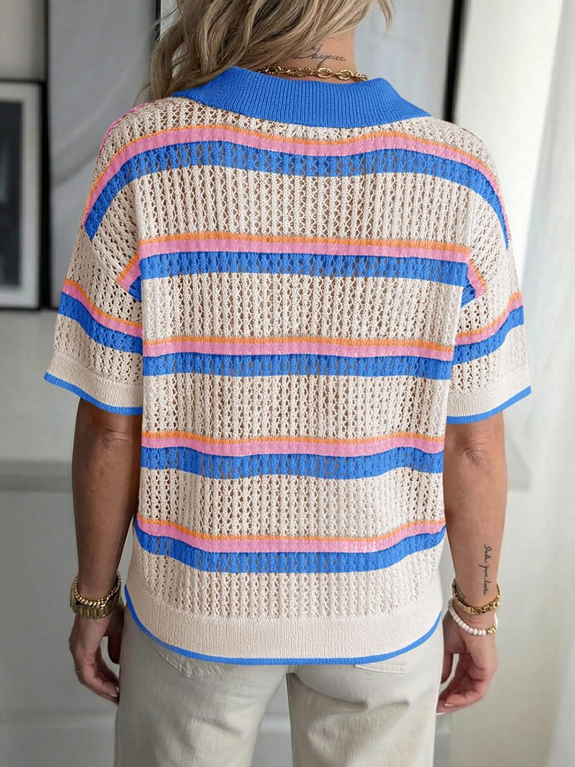 image:imageSaodimallsu Womens Crochet Tops Summer Short Sleeve Striped Pullover Sweater Collared Knit Shirts Cover Up TopBlue