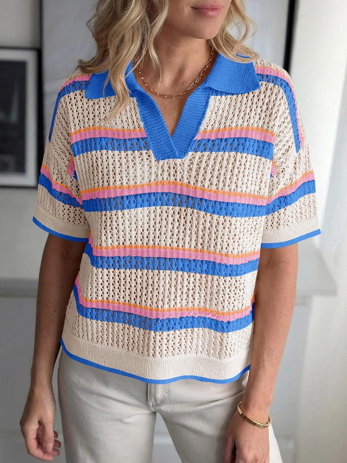 image:imageSaodimallsu Womens Crochet Tops Summer Short Sleeve Striped Pullover Sweater Collared Knit Shirts Cover Up TopBlue