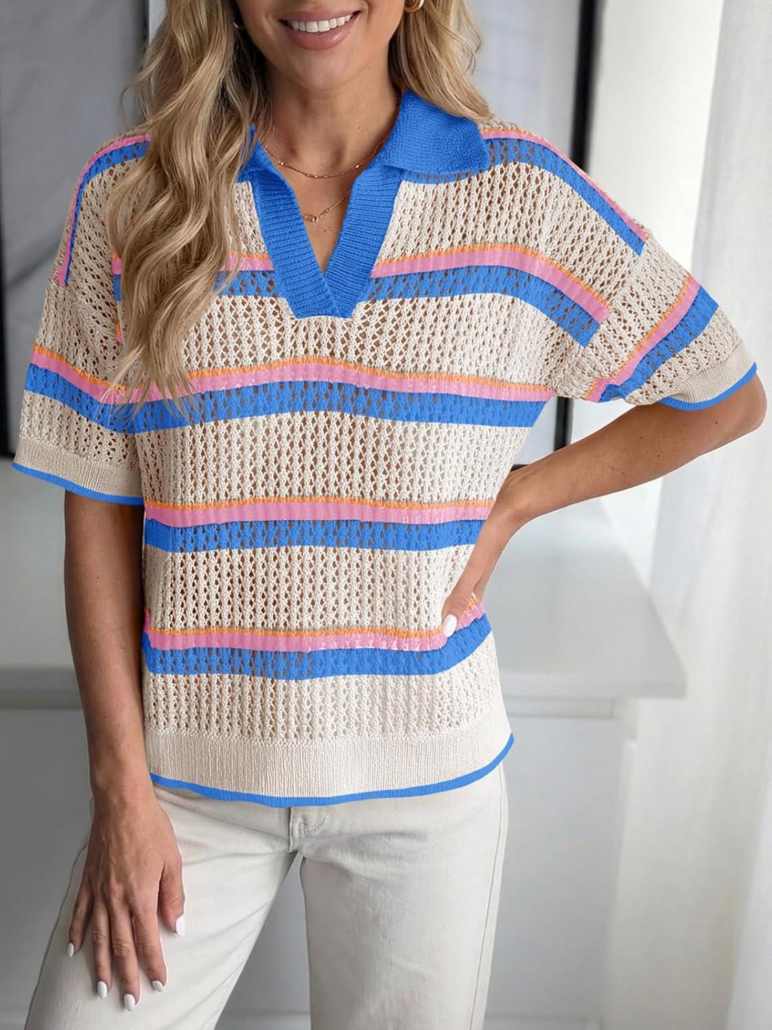 image:imageSaodimallsu Womens Crochet Tops Summer Short Sleeve Striped Pullover Sweater Collared Knit Shirts Cover Up TopBlue
