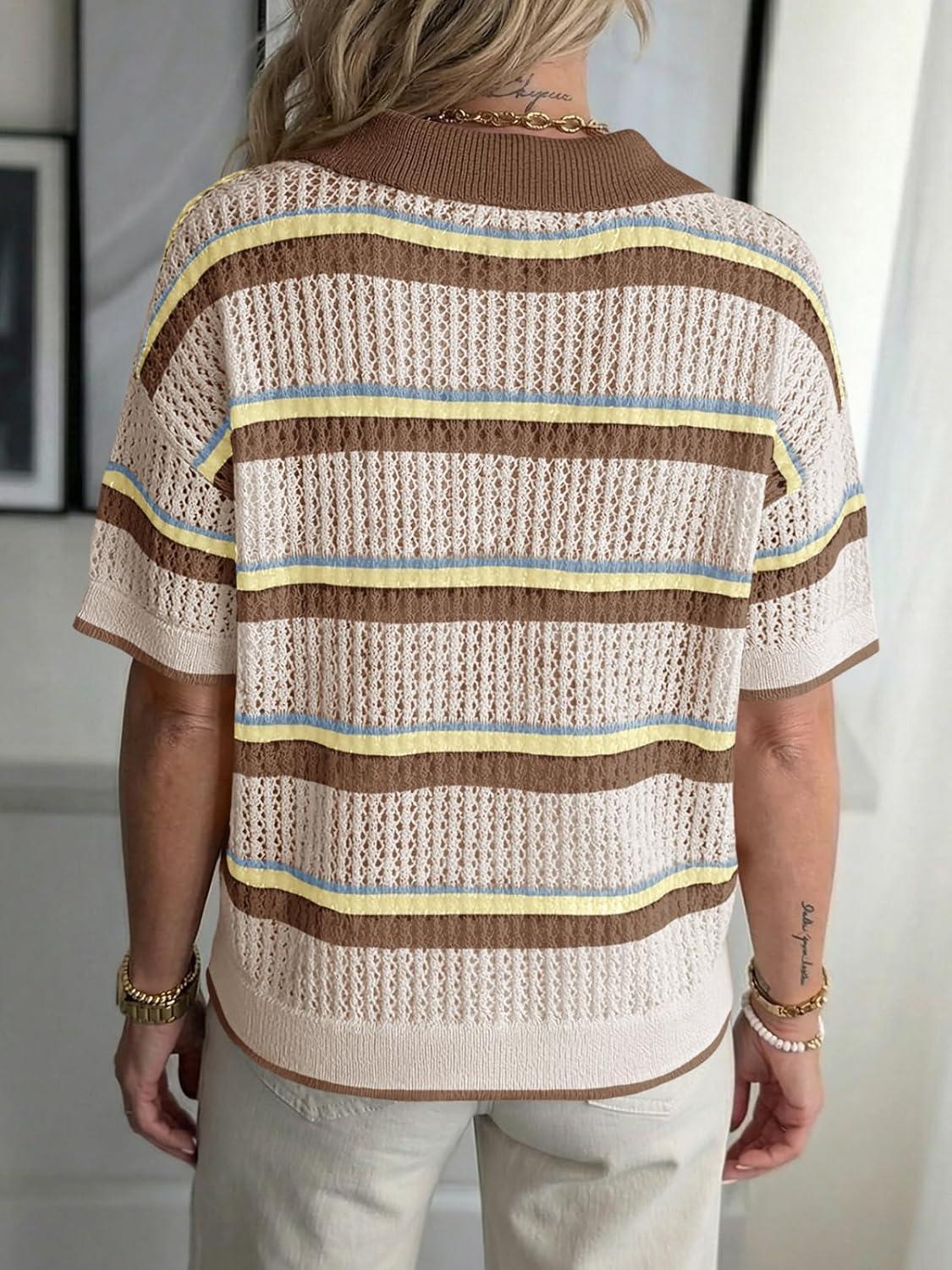 image:imageSaodimallsu Womens Crochet Tops Summer Short Sleeve Striped Pullover Sweater Collared Knit Shirts Cover Up TopCoffee