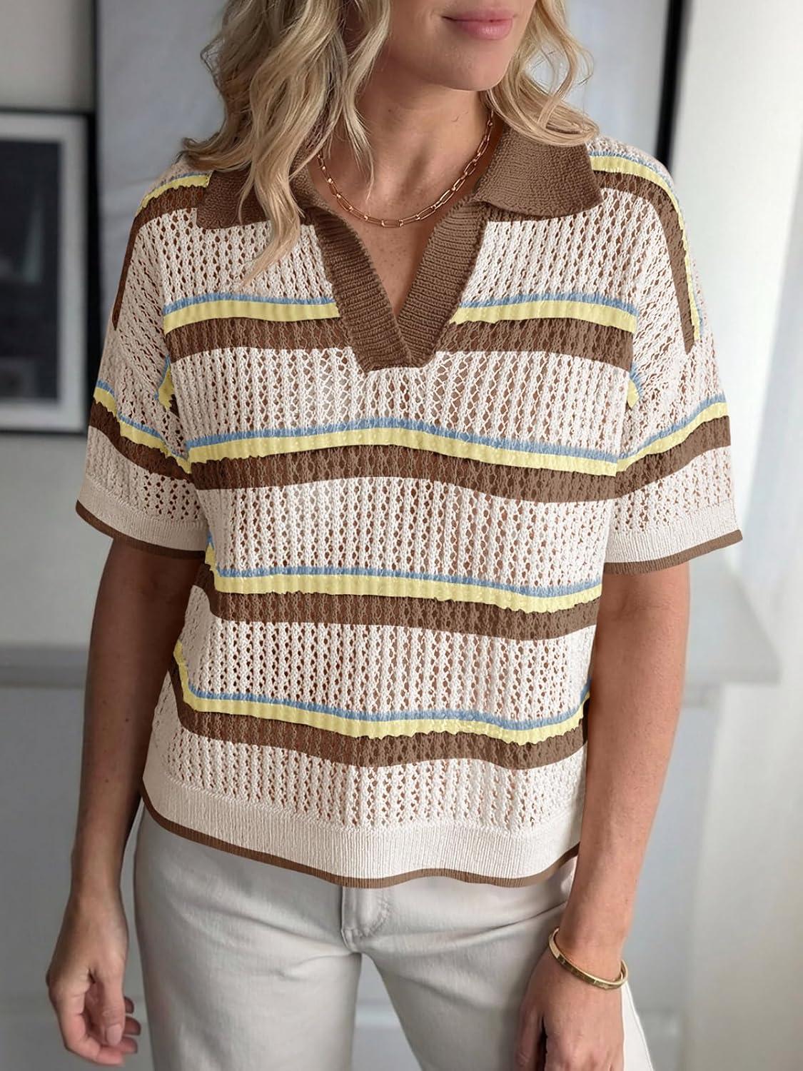 image:imageSaodimallsu Womens Crochet Tops Summer Short Sleeve Striped Pullover Sweater Collared Knit Shirts Cover Up TopCoffee