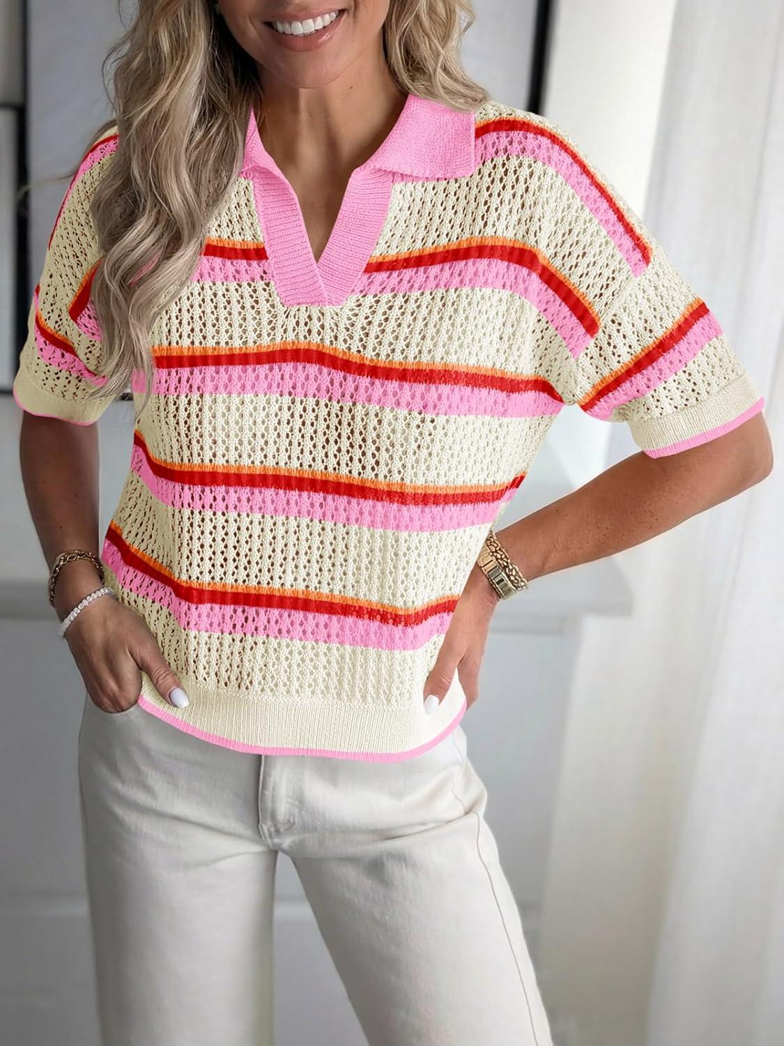 image:imageSaodimallsu Womens Crochet Tops Summer Short Sleeve Striped Pullover Sweater Collared Knit Shirts Cover Up TopPink