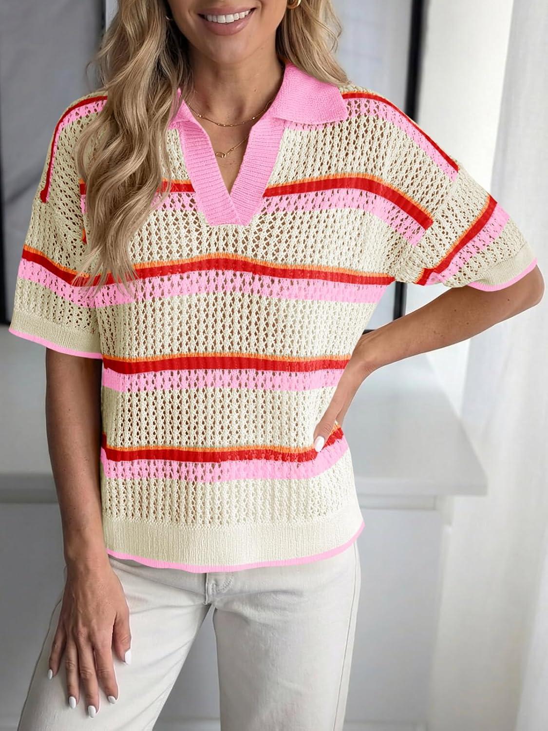 image:imageSaodimallsu Womens Crochet Tops Summer Short Sleeve Striped Pullover Sweater Collared Knit Shirts Cover Up TopPink