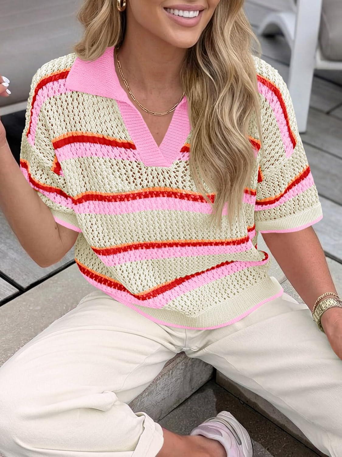 image:imageSaodimallsu Womens Crochet Tops Summer Short Sleeve Striped Pullover Sweater Collared Knit Shirts Cover Up TopPink