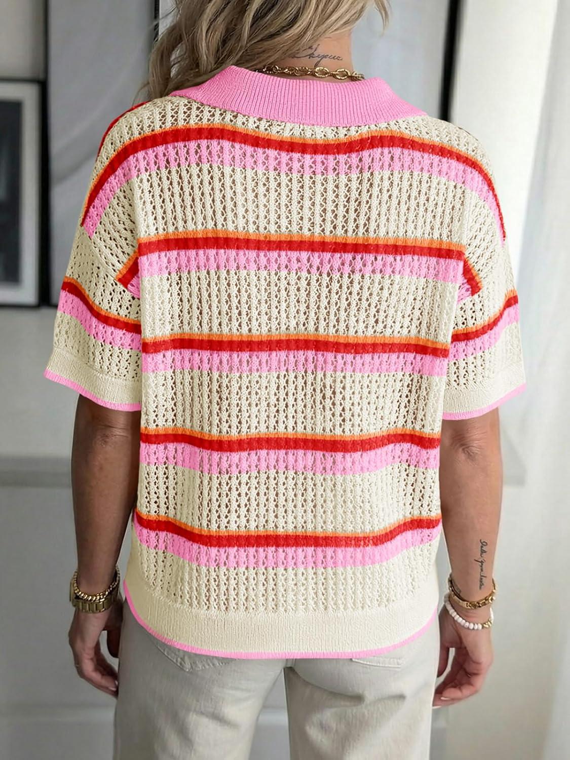 image:imageSaodimallsu Womens Crochet Tops Summer Short Sleeve Striped Pullover Sweater Collared Knit Shirts Cover Up TopPink