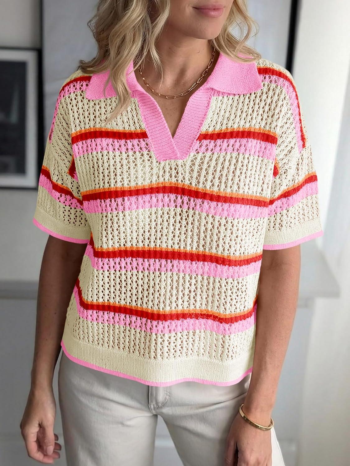 image:imageSaodimallsu Womens Crochet Tops Summer Short Sleeve Striped Pullover Sweater Collared Knit Shirts Cover Up TopPink