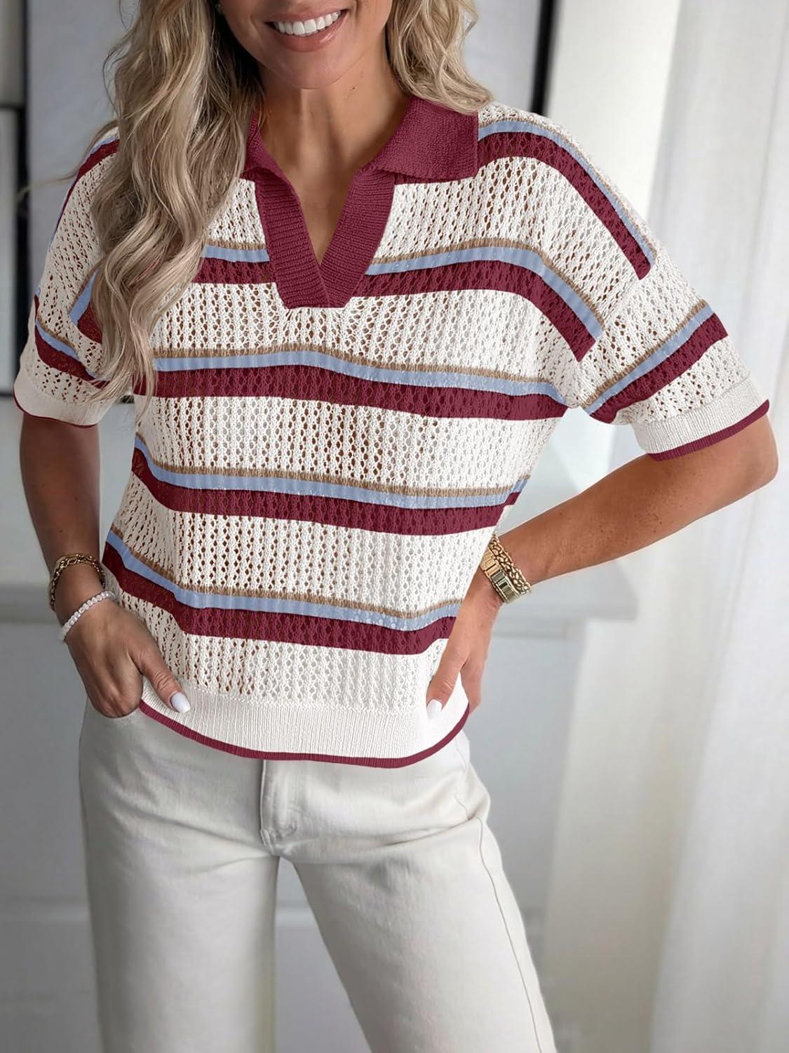 image:imageSaodimallsu Womens Crochet Tops Summer Short Sleeve Striped Pullover Sweater Collared Knit Shirts Cover Up TopWine Red