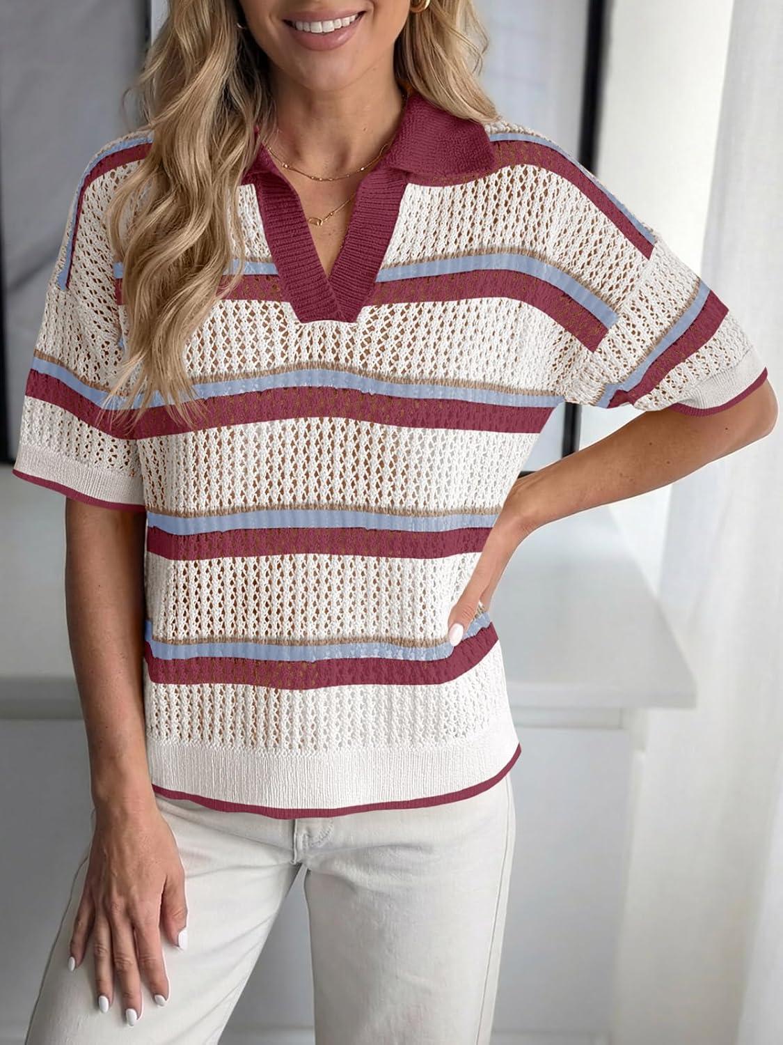 image:imageSaodimallsu Womens Crochet Tops Summer Short Sleeve Striped Pullover Sweater Collared Knit Shirts Cover Up TopWine Red