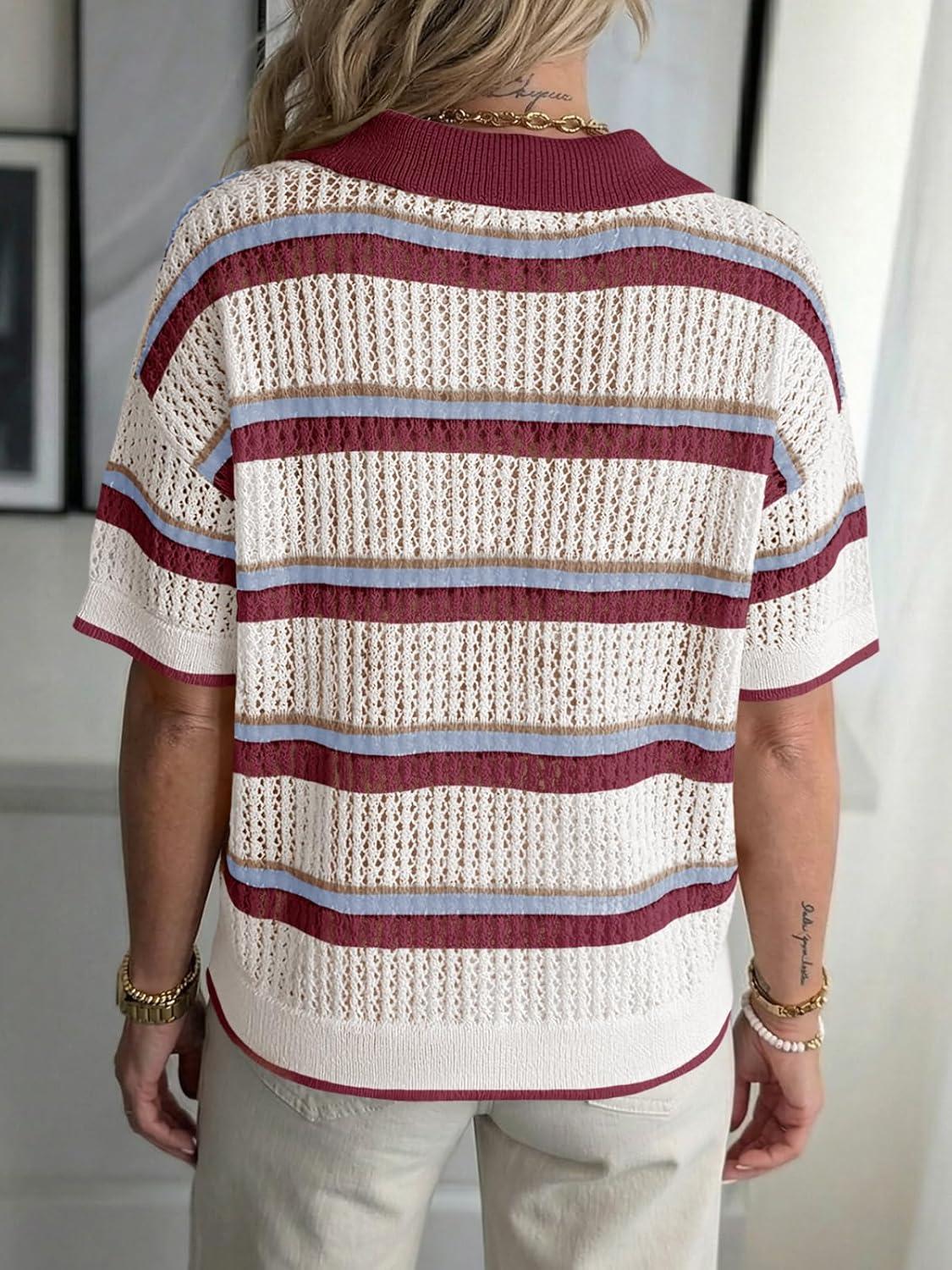 image:imageSaodimallsu Womens Crochet Tops Summer Short Sleeve Striped Pullover Sweater Collared Knit Shirts Cover Up TopWine Red