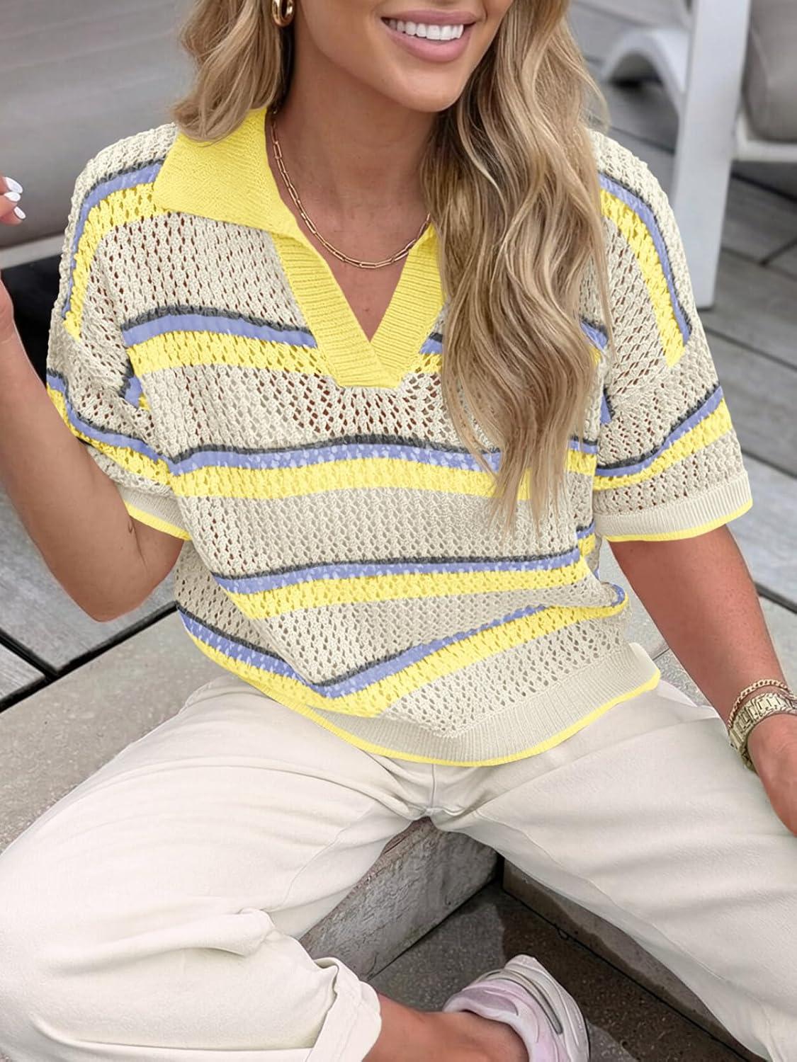 image:imageSaodimallsu Womens Crochet Tops Summer Short Sleeve Striped Pullover Sweater Collared Knit Shirts Cover Up TopYellow