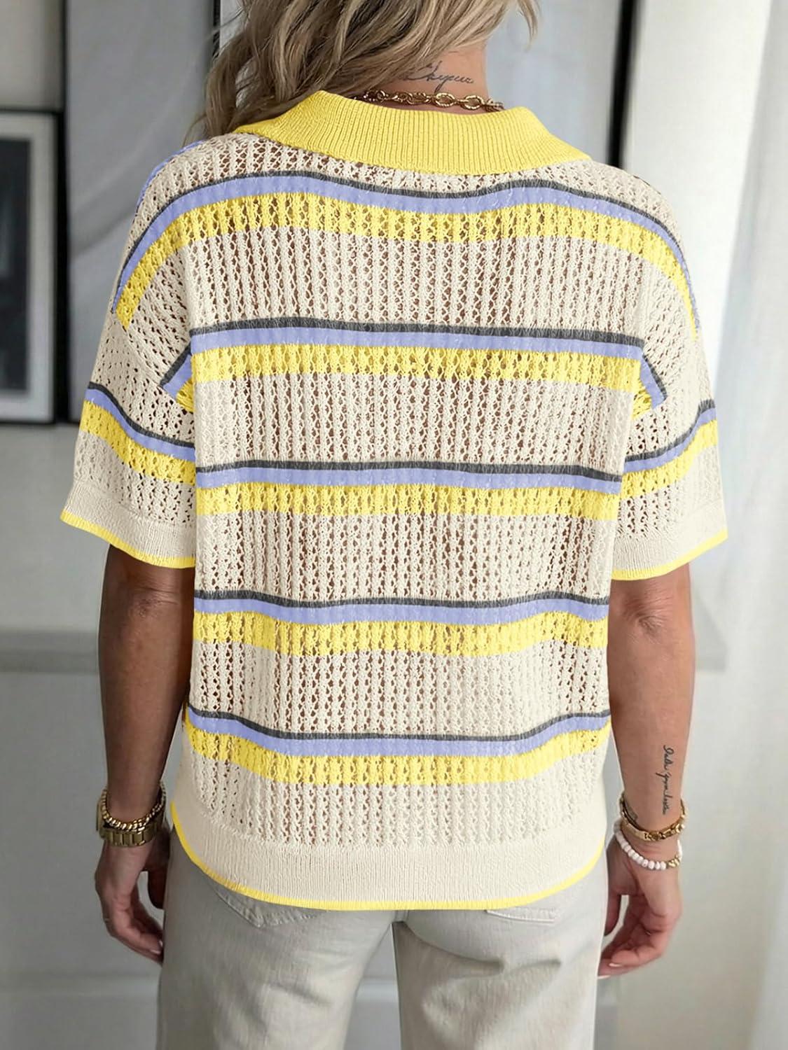 image:imageSaodimallsu Womens Crochet Tops Summer Short Sleeve Striped Pullover Sweater Collared Knit Shirts Cover Up TopYellow