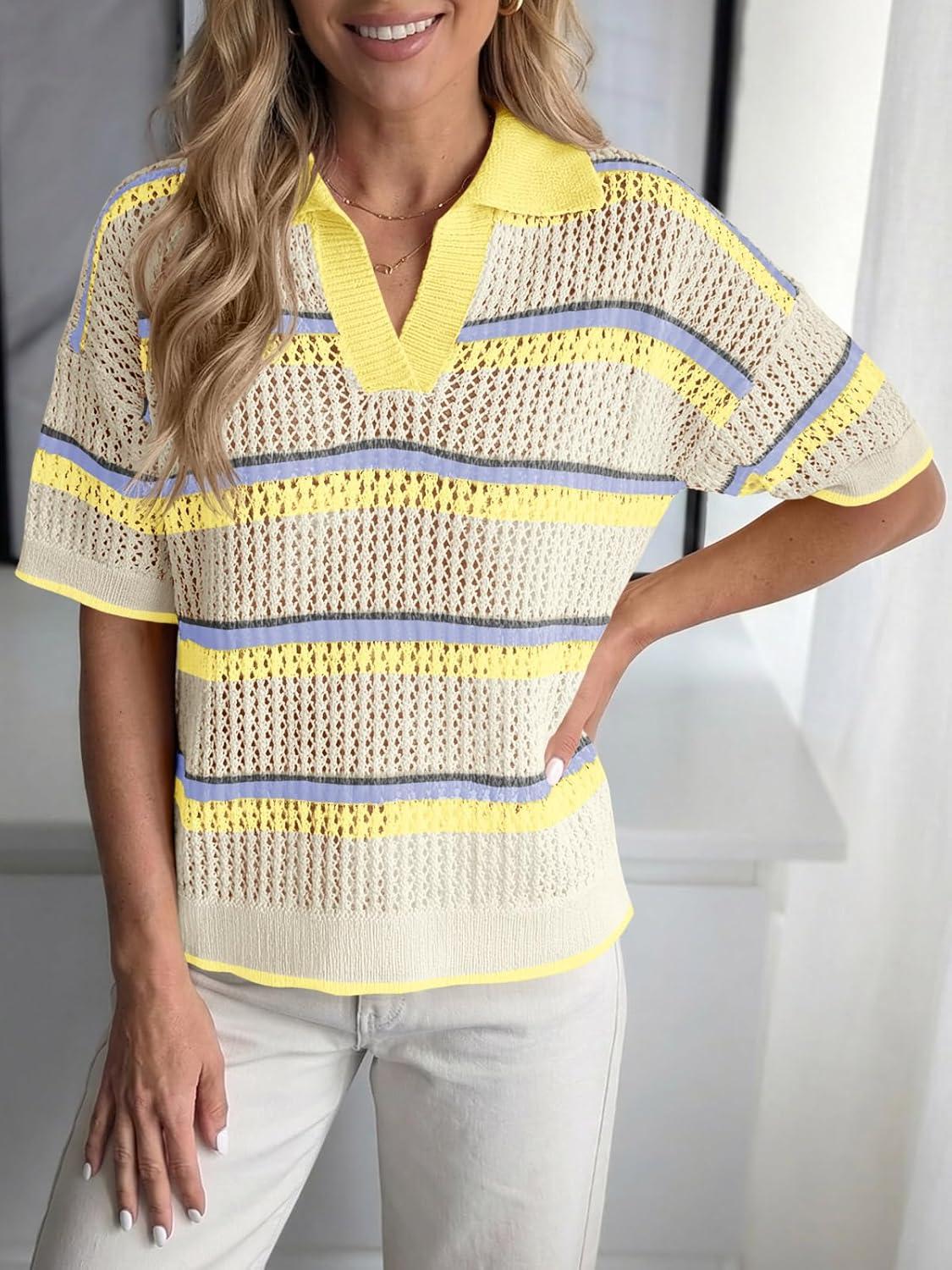 image:imageSaodimallsu Womens Crochet Tops Summer Short Sleeve Striped Pullover Sweater Collared Knit Shirts Cover Up TopYellow