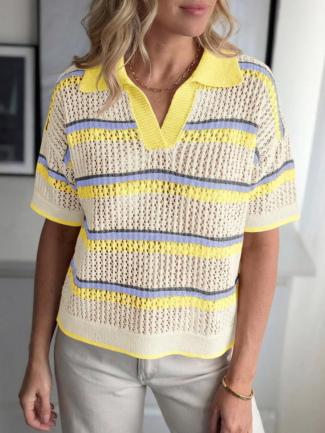 image:imageSaodimallsu Womens Crochet Tops Summer Short Sleeve Striped Pullover Sweater Collared Knit Shirts Cover Up TopYellow